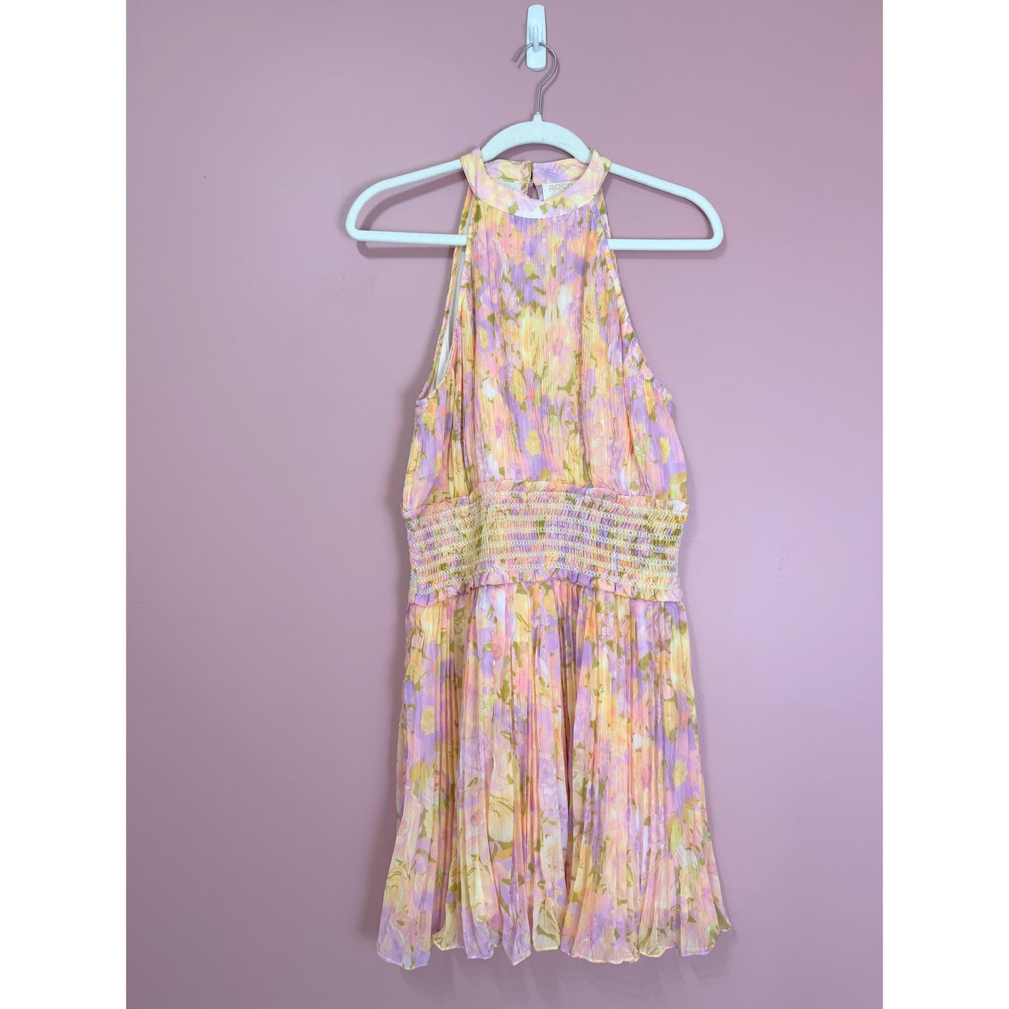 Rococo Sand Faye High Neck Floral Print Pleated Mini Dress Size Large