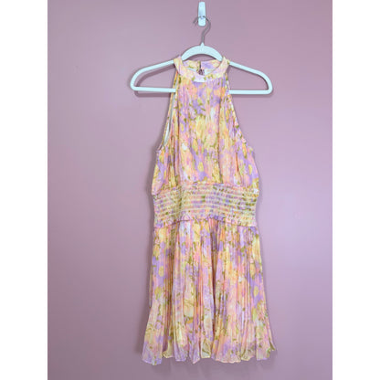 Rococo Sand Faye High Neck Floral Print Pleated Mini Dress Size Large