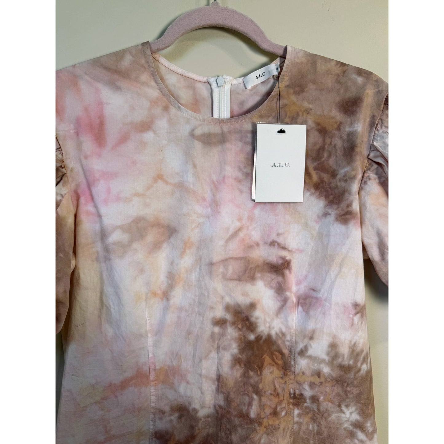NEW NWT A.L.C. Pink tie Dye Puff Sleeve Mini Dress Cotton Size 6