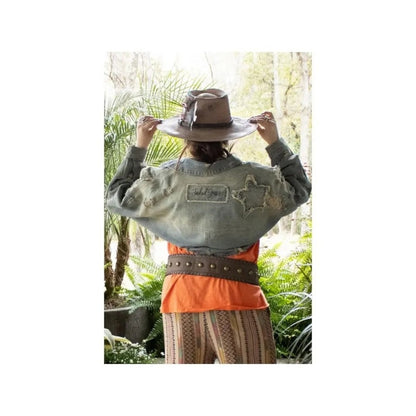 Jaded Gypsy Distressed Cropped Denim Jacket Ombre Blue Star Patch Zip Front Mens