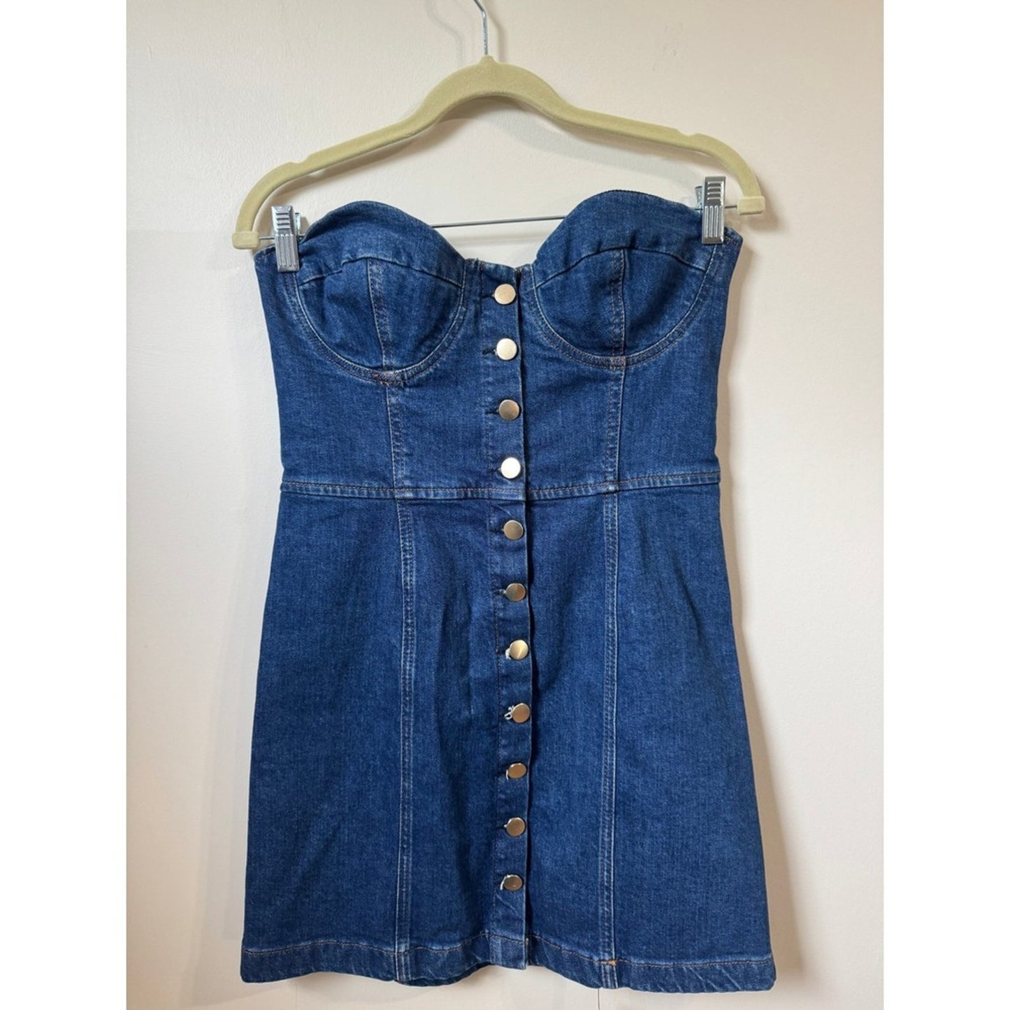 Reformation Strapless Denim Mini Dress Blue Button Front Sweetheart Bustier NEW