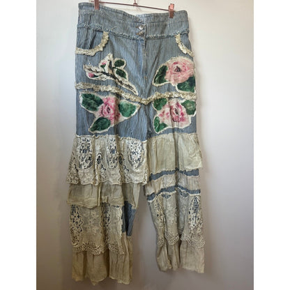 A Rare Bird Floral Applique Lace Ruffle Tiered Wide Leg Pants Blue Cream