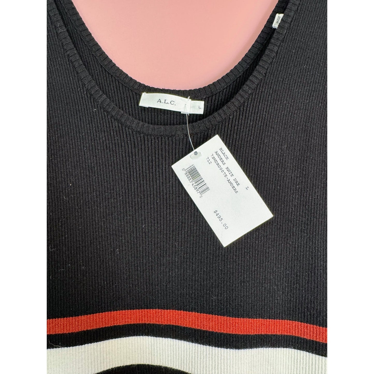NEW NWT A.L.C. Anders Hankerchief Hem Ribbed Midi Dress in Black Stripe Size Large