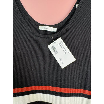 NEW NWT A.L.C. Anders Hankerchief Hem Ribbed Midi Dress in Black Stripe Size Large