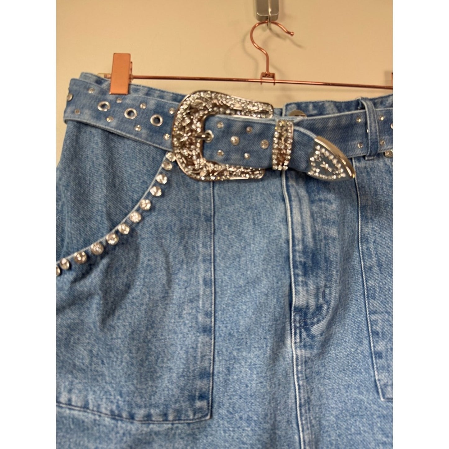 Show Me Your Mumu Denim Mini Skirt Rhinestone Belted Blue Western Women Large