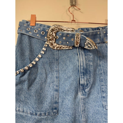 Show Me Your Mumu Denim Mini Skirt Rhinestone Belted Blue Western Women Large