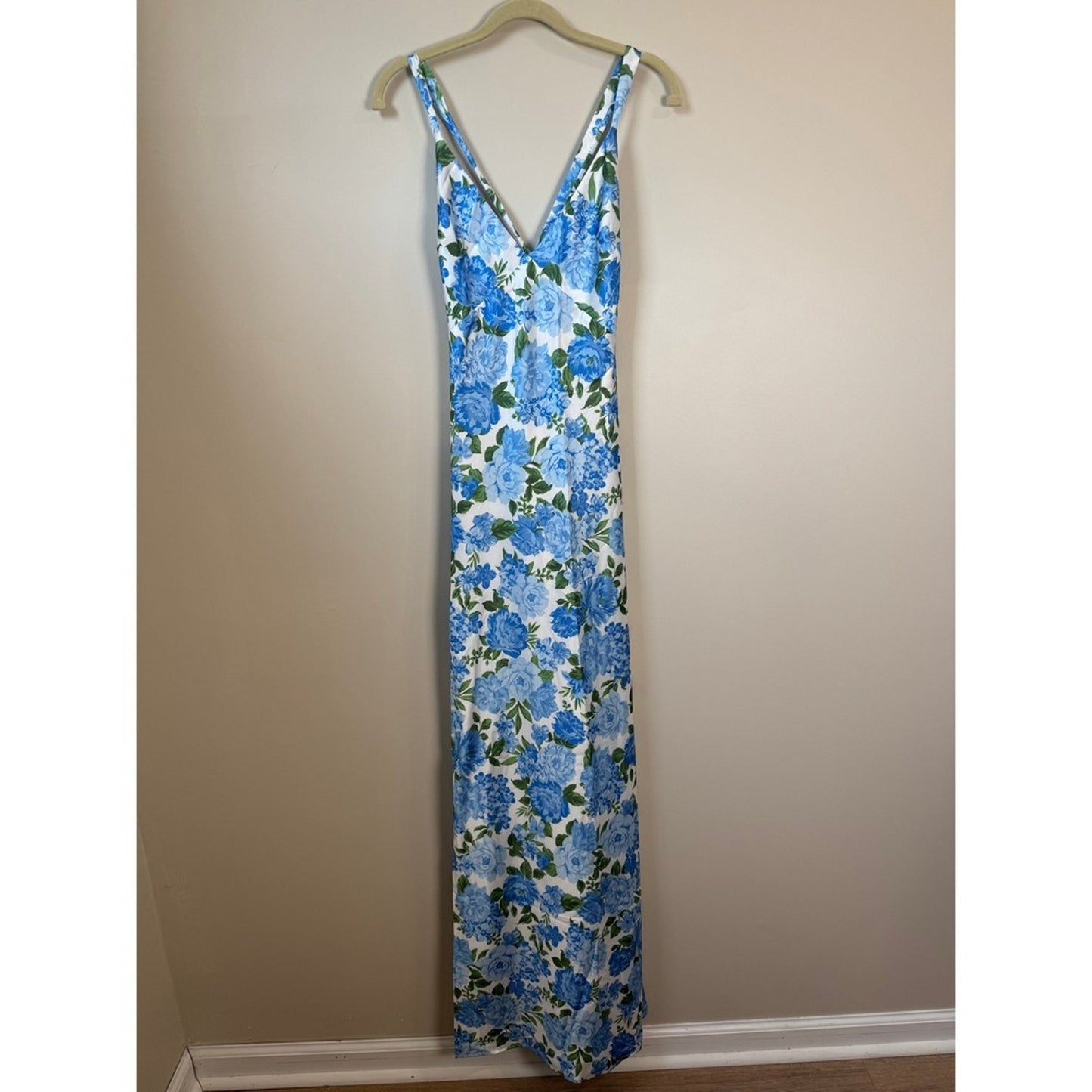 Blue Floral Satin Maxi Dress Open Back Tie High Slit Summer Wedding Guest V-Neck