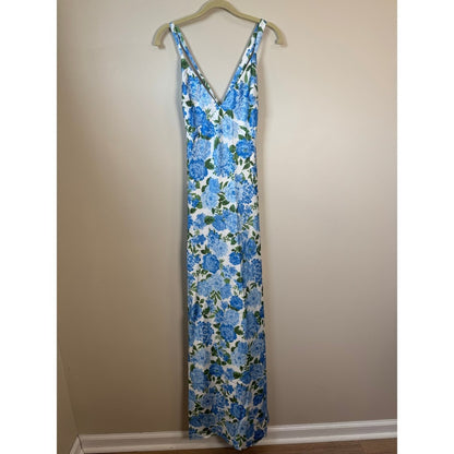 Blue Floral Satin Maxi Dress Open Back Tie High Slit Summer Wedding Guest V-Neck