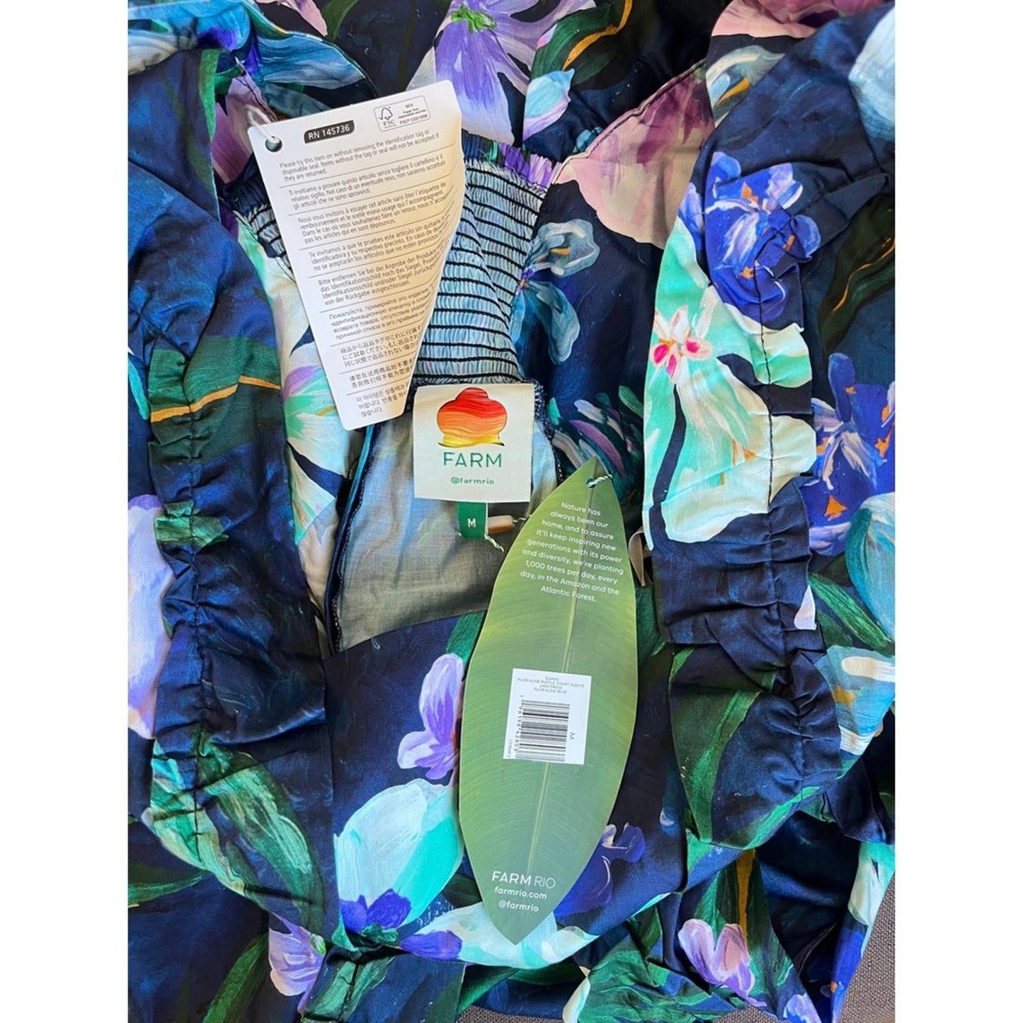 Farm Rio Maxi Dress Blue Floral Square Neck Puff Sleeve Midi M