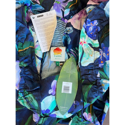 Farm Rio Maxi Dress Blue Floral Square Neck Puff Sleeve Midi M