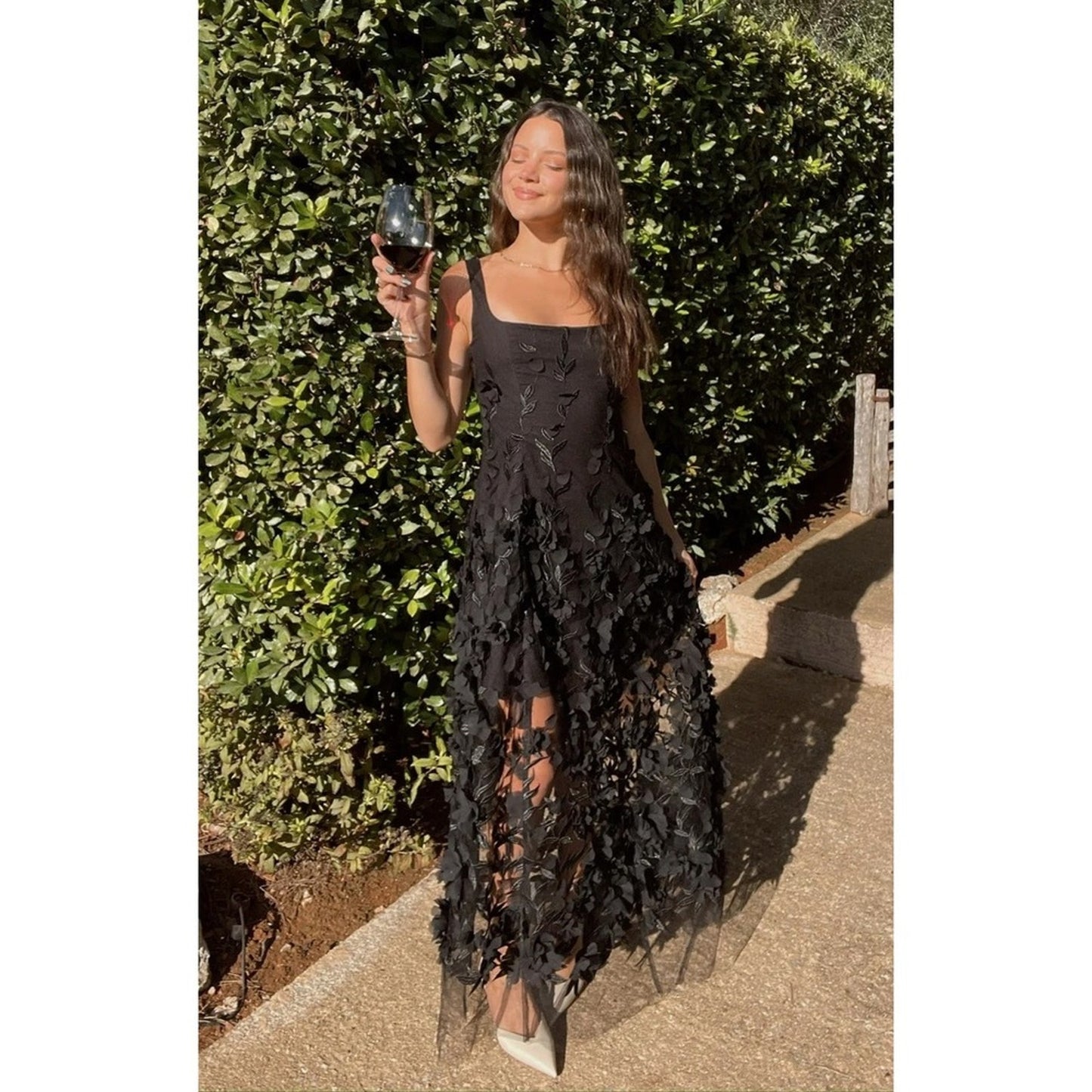 Show Me Your Mumu Black 3D Floral Applique Maxi Dress XXL Square Neck Overlay