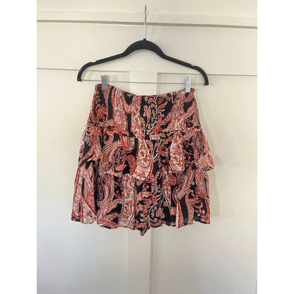 Anthropologie Paisley Smocked Tiered Mini Skirt Black Red Orange Women's XS
