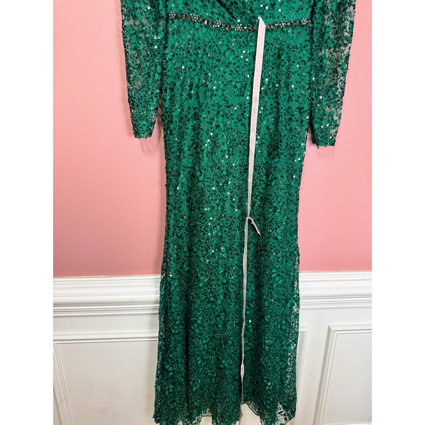NEW NWT Mac Duggal Embellished Wrap Over Long Sleeve Gown Green Style 68016 Size 6