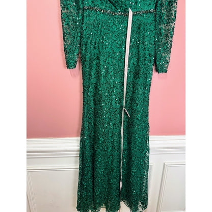 NEW NWT Mac Duggal Embellished Wrap Over Long Sleeve Gown Green Style 68016 Size 6