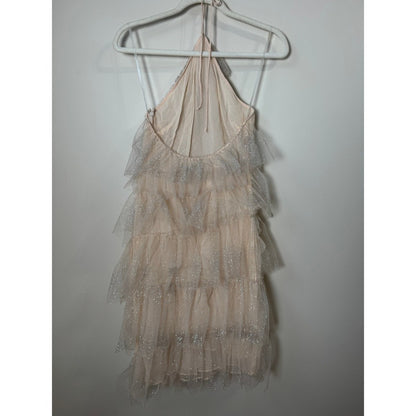 The Bar Tiered Glitter Tulle Lou Mini Dress Champagne Pink Halter Party Size 0