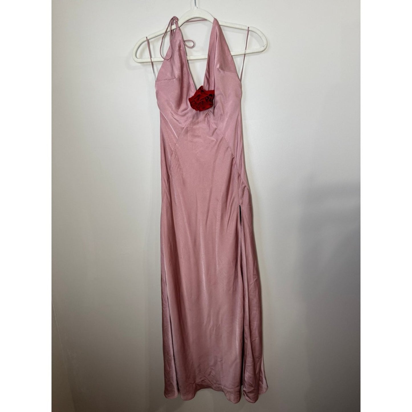 Bardot Aradia Pink Silk Halter Neck Maxi Dress Red Rose Accent