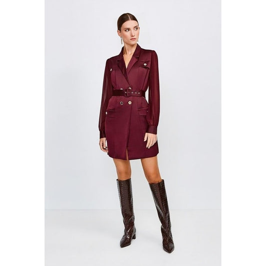 Karen Millen Sheer and Opaque Belted Dress in Burgundy Size 10 Mini Long Sleeve