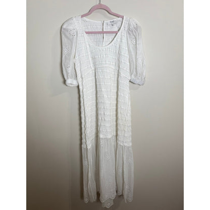 SEA NY White Eyelet Puff Sleeve Smocked Midi Dress