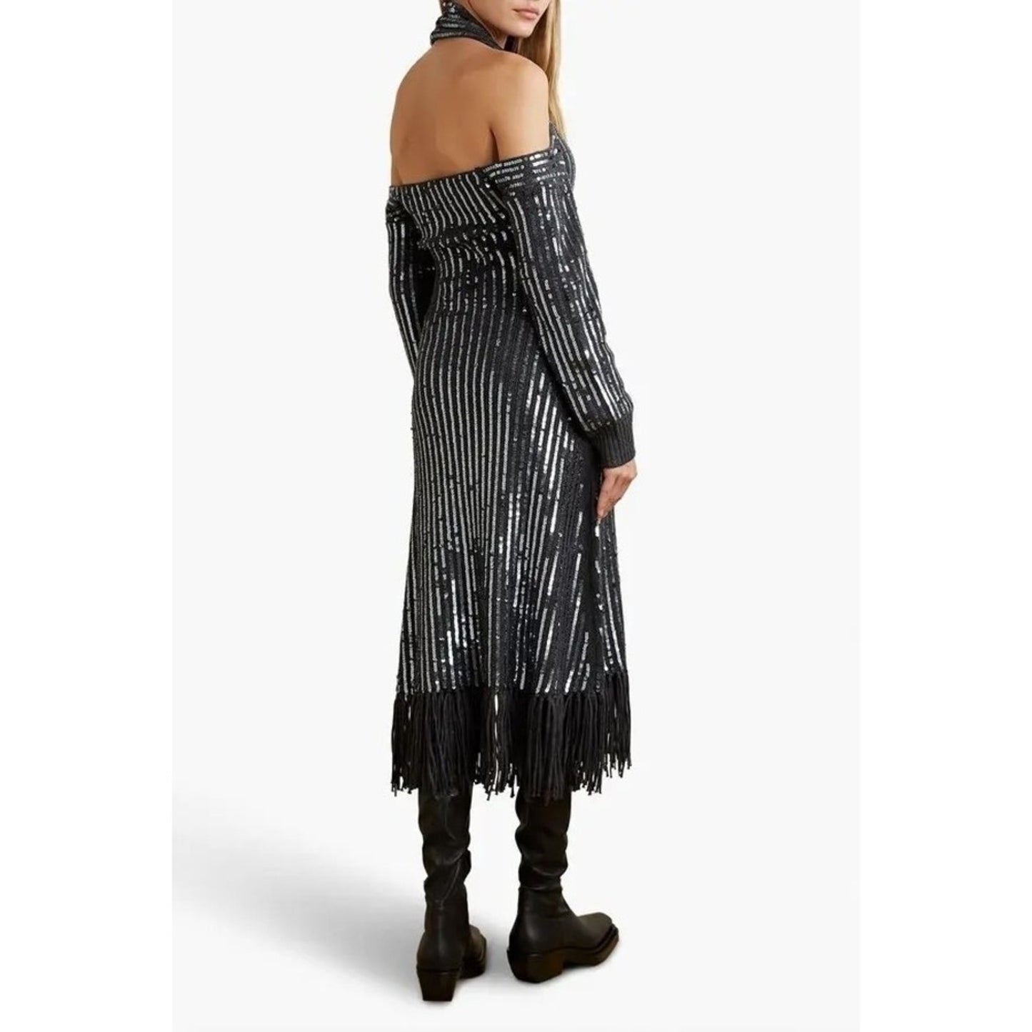 Monse Sequin Cold Shoulder Knit Midi Dress Grey Fringe Halter XS