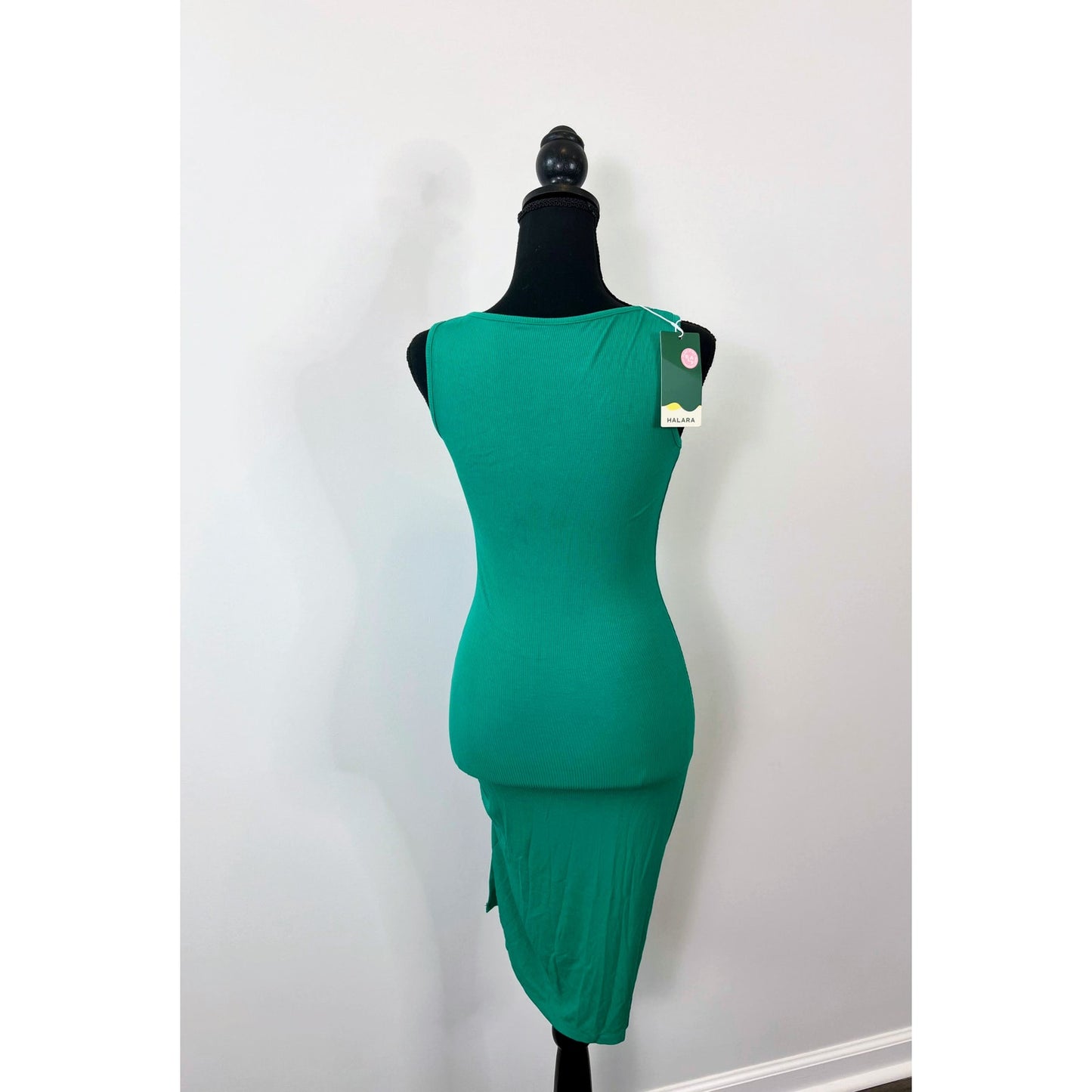 Halara U Neck Bodycon Midi Dress in Vivid Green Small Sleeveless Ruched Ribbed