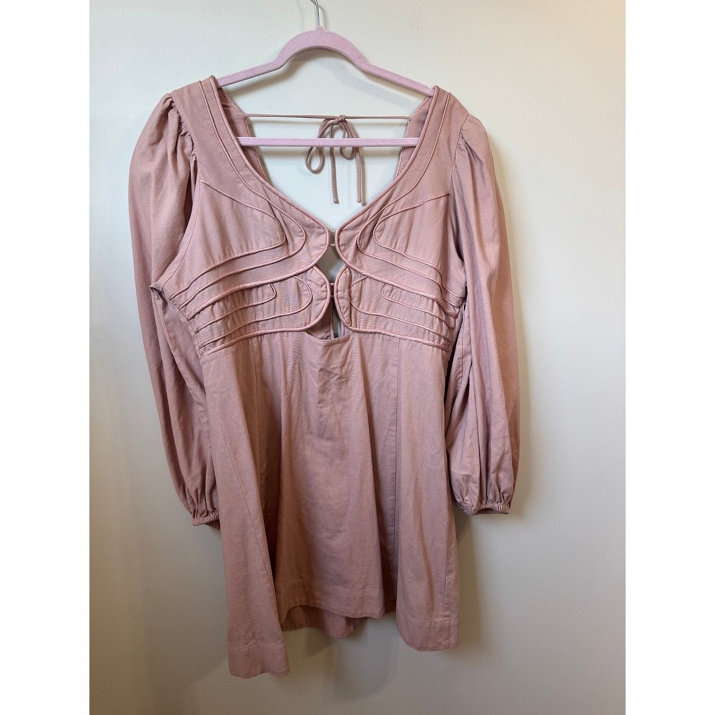 Farm Rio for Anthropologie Pink Cutout Corded Mini Dress Puff Sleeve XL