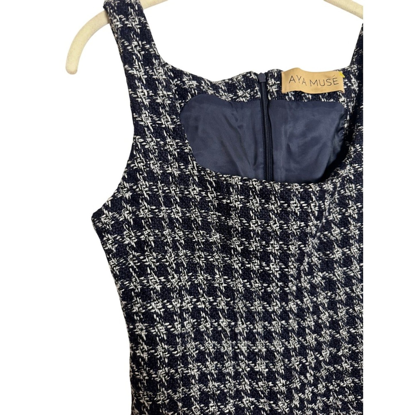 Aya Muse Womens Navy White Houndstooth Tweed Square Neck Mini Shift Dress