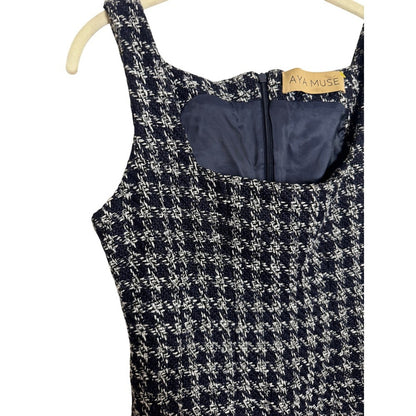 Aya Muse Womens Navy White Houndstooth Tweed Square Neck Mini Shift Dress