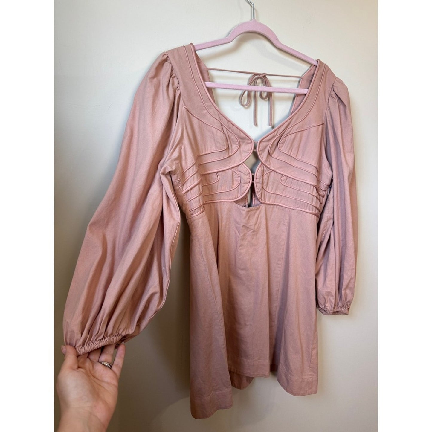 Farm Rio for Anthropologie Pink Cutout Corded Mini Dress Puff Sleeve XL