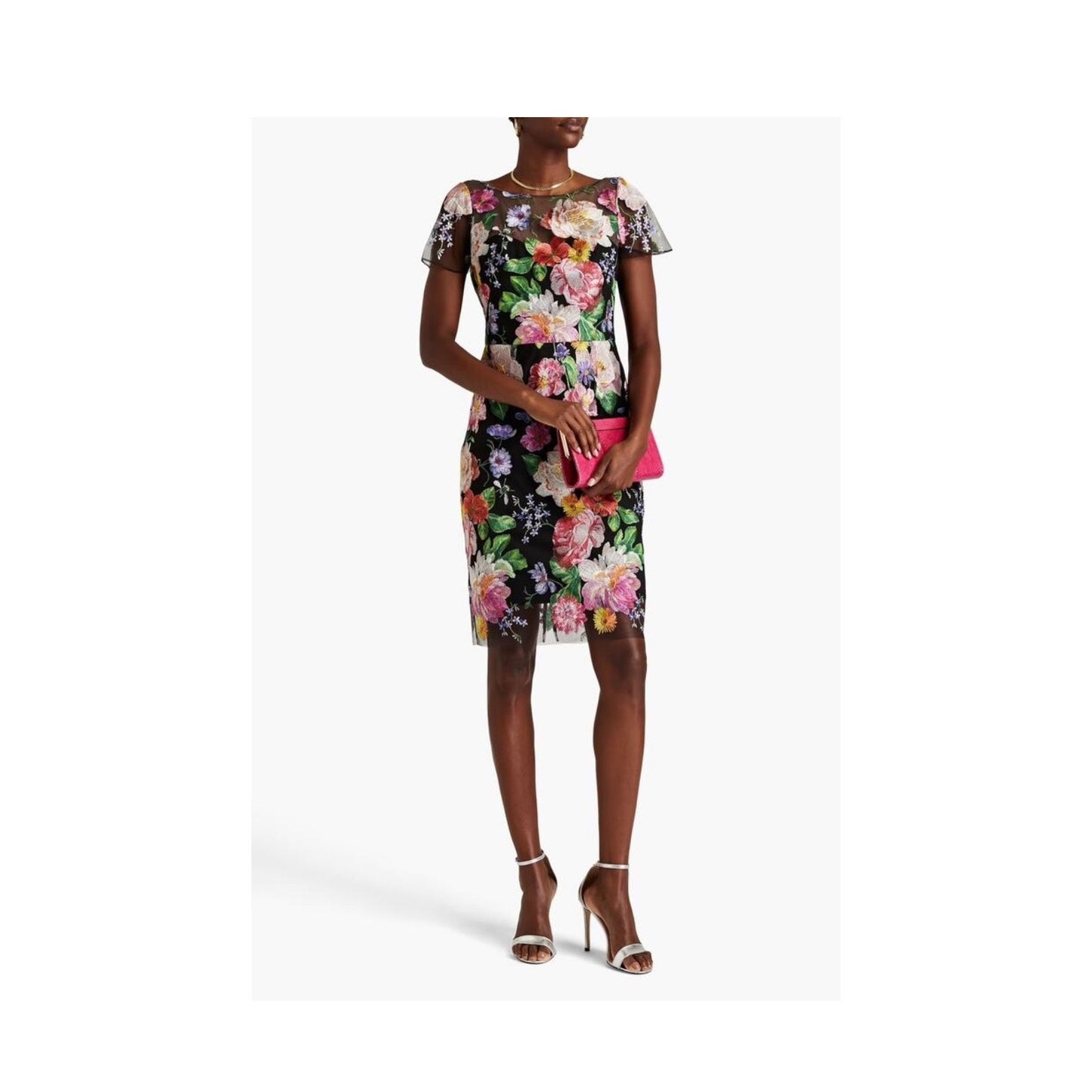 Marchesa Notte 3D Floral Embroidered Pencil Dress Black/Floral Size 6