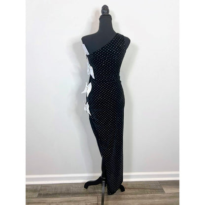 Majorelle x‎ Bridget Julia Bow Gown in Black/White Small One Shoulder Velvet