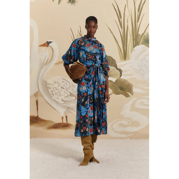 Farm Rio Maxi Dress Blue Floral Print Tie Waist Midi Length