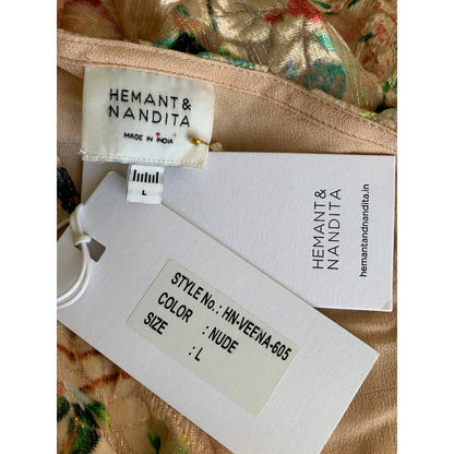 Hemant & Nandita Veena Dress in Nude Large Midi Floral One-Shoulder Lined