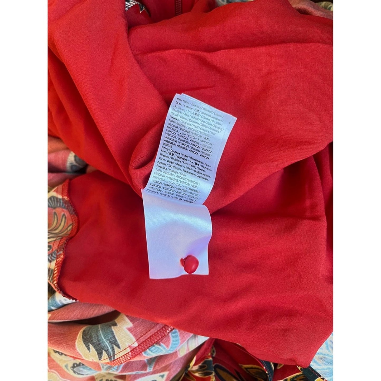 Farm Rio Floral Print Long Sleeve Midi Dress Red Blue Yellow Mandarin Collar