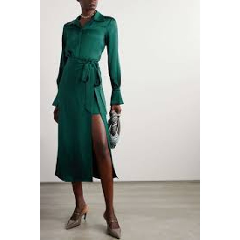 SIMKHAI Jonathon Simkhai Samba Wrap-effect Satin Midi Shirt Dress in Emerald Size 2