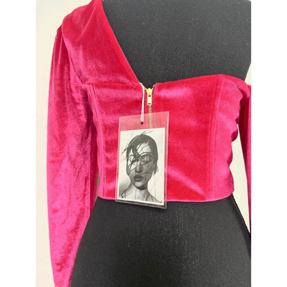 Self Portrait Velvet Crop‎ Top Fuchsia Size 4 One Shoulder Lined Party Cocktail