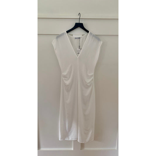 Zara Midi Dress in White Small Pullover Sleeveless V-Neck Ruched Party Boho