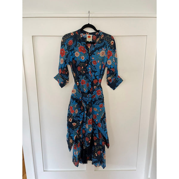 Farm Rio Maxi Dress Blue Floral Print Tie Waist Midi Length