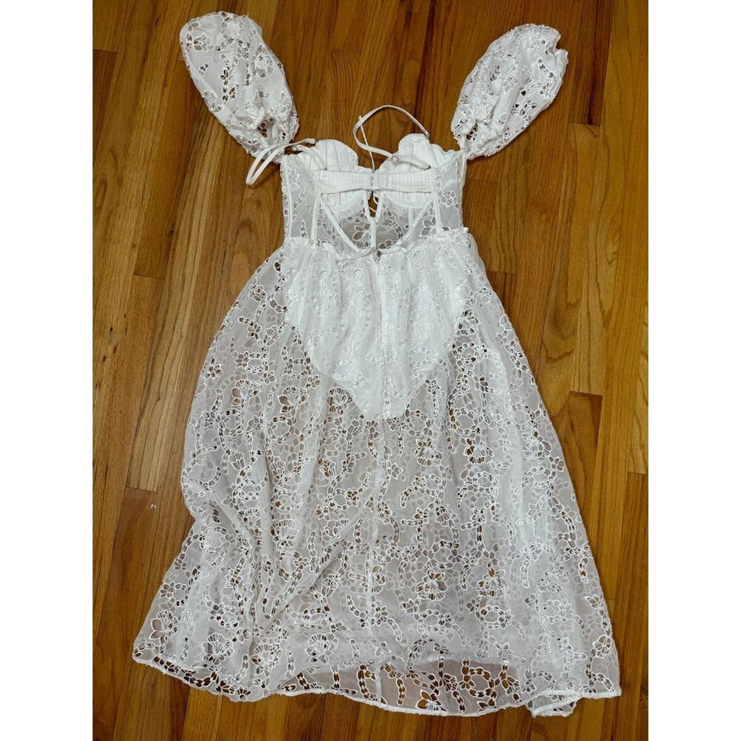 For Love & Lemons Romi Midi‎ Dress in White Small Floral Eyelet Puff Sleeve