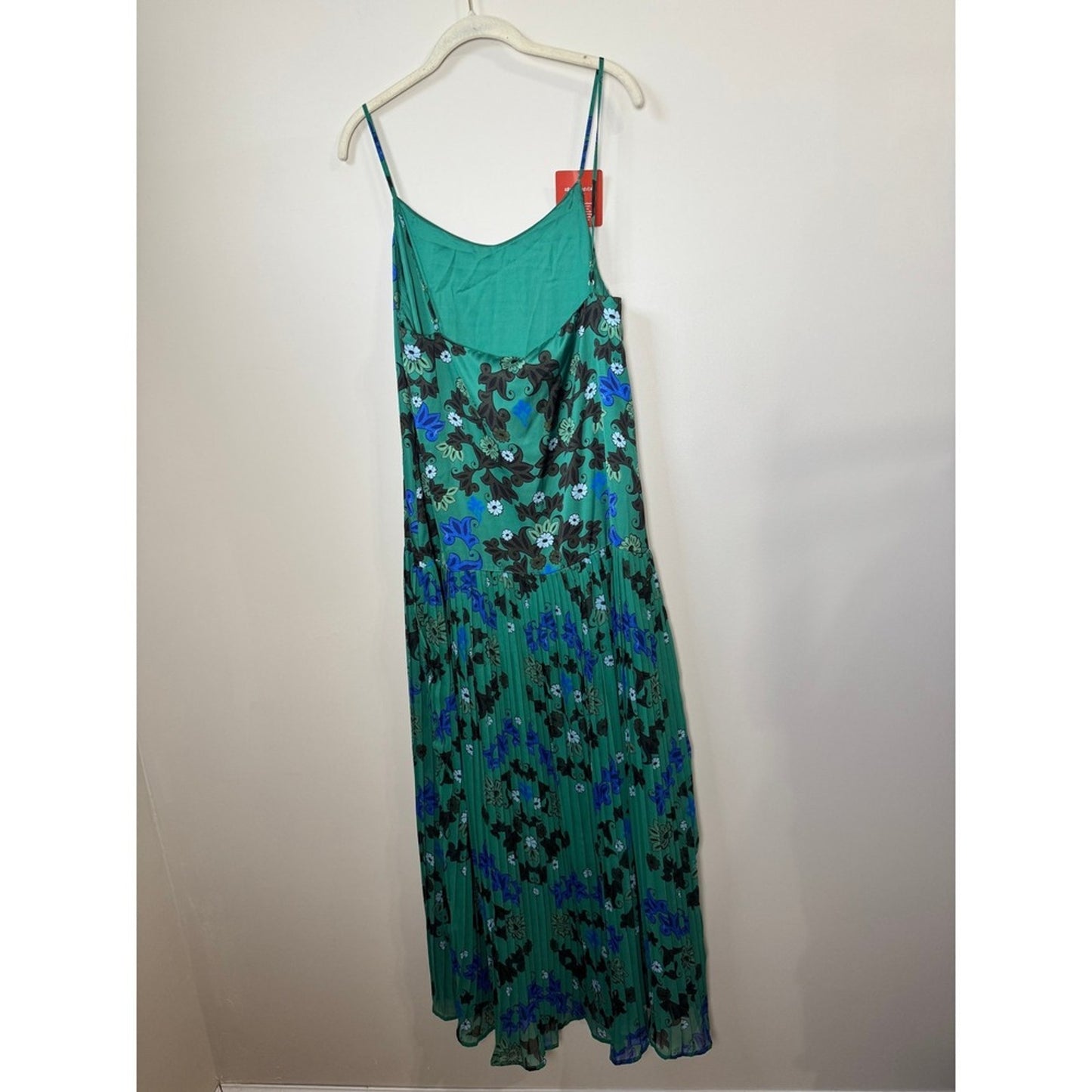 Agua Bendita Pleated Floral Maxi Dress Spaghetti Strap Green Blue M