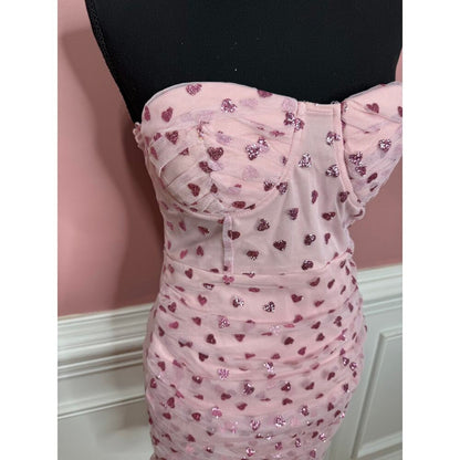 Superdown Fifi‎ Mesh Mini Dress in Pink Hearts Glitter Size Small Zip Back Lined