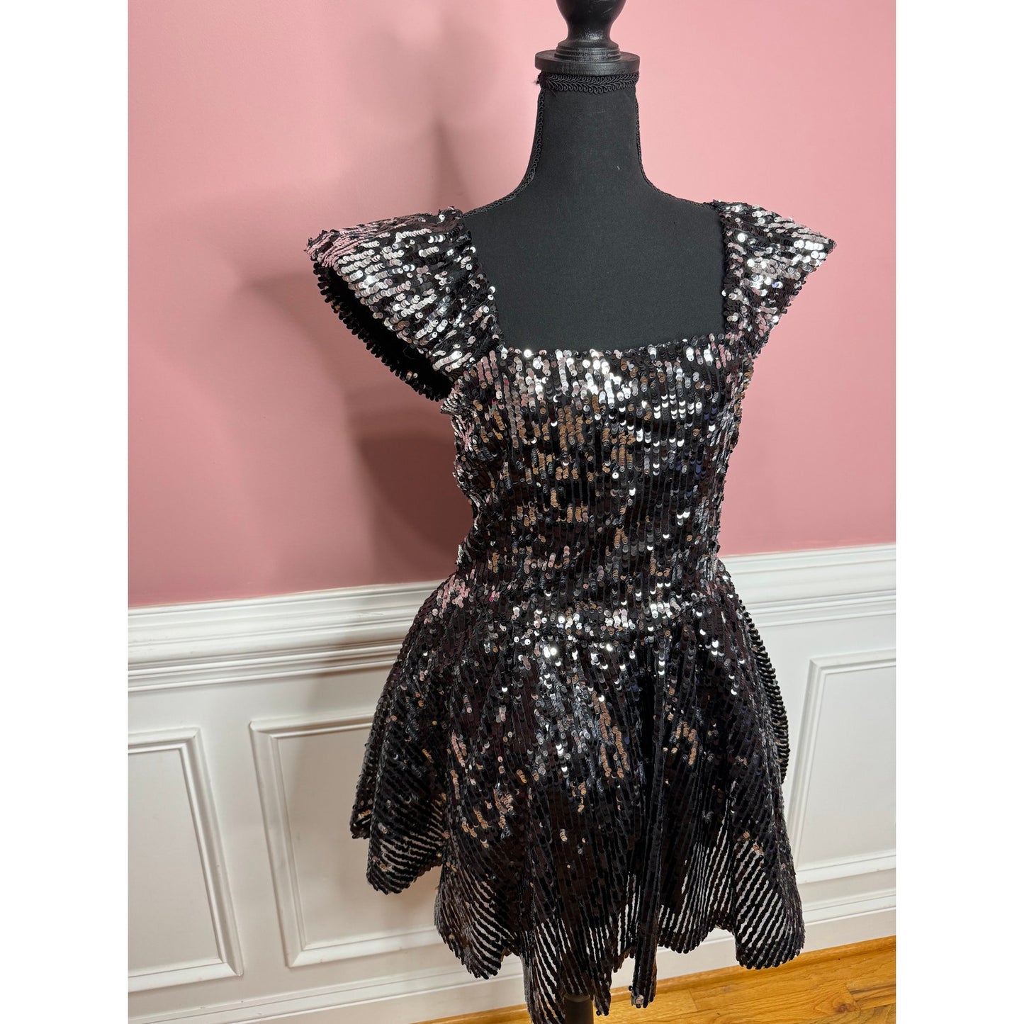 Aniye By Gemma Sequin Mini Dress in Black Medium Flutter Sleeve Ruffle Lined
