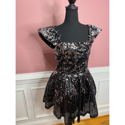 Aniye By Gemma Sequin Mini Dress in Black Medium Flutter Sleeve Ruffle Lined