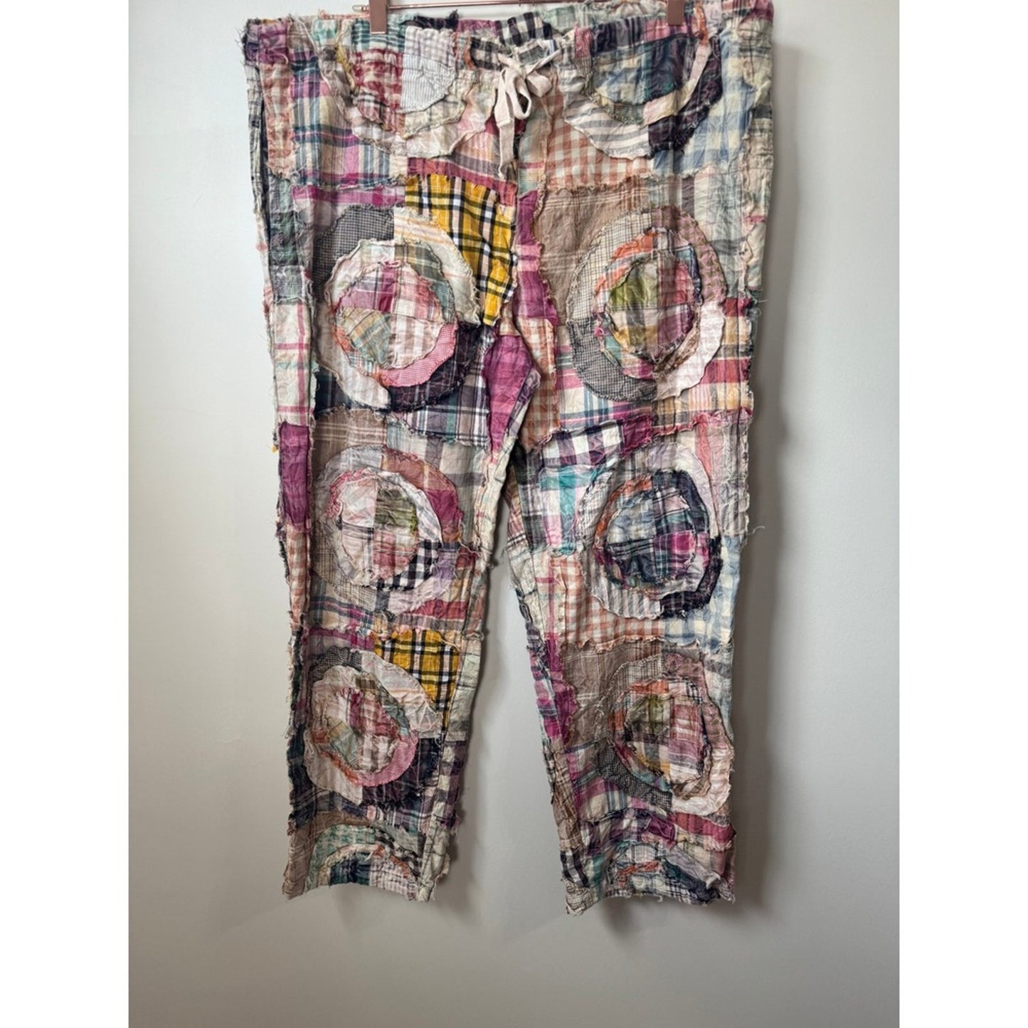 Jaded Gypsy Women Patchwork Plaid Boho Pants Straight Leg Drawstring