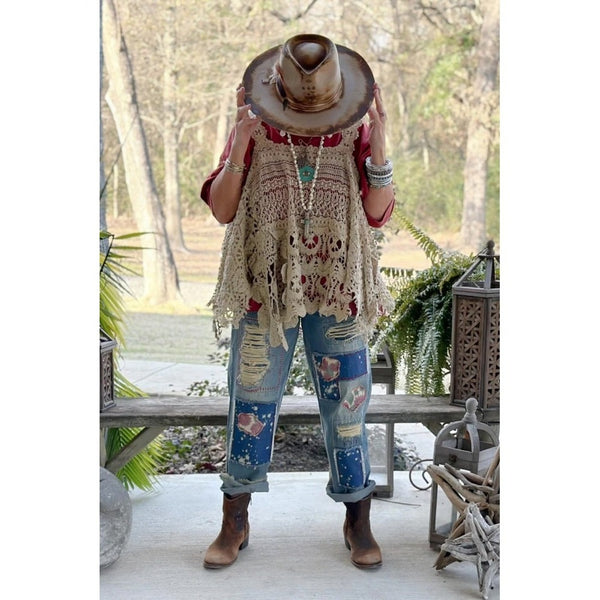 Jaded Gypsy Distressed Patchwork Boho Denim Jeans Medium Wash Straight Leg NEW