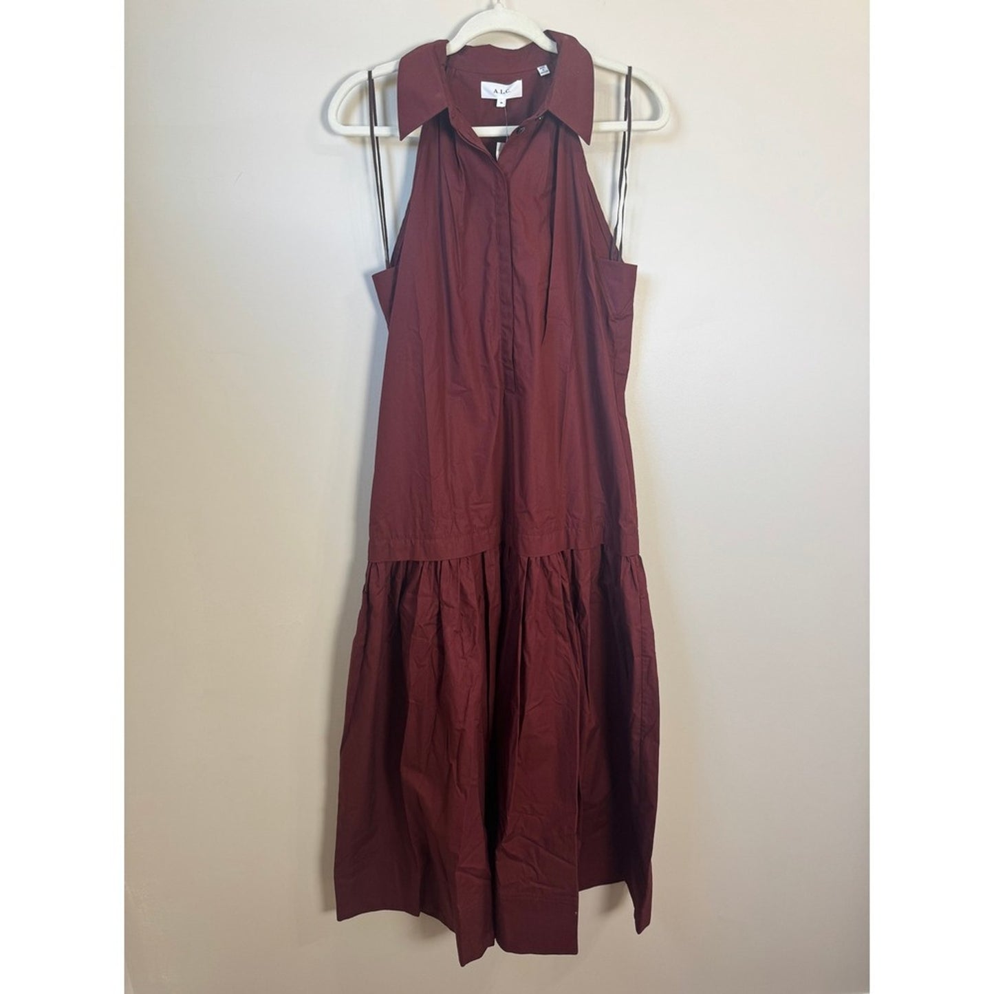 ALC Burgundy Cotton Poplin Halter Midi Dress Sleeveless Drop Waist Pocket Red M