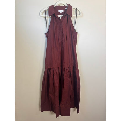 ALC Burgundy Cotton Poplin Halter Midi Dress Sleeveless Drop Waist Pocket Red M
