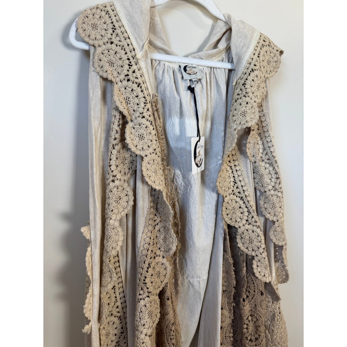Jaded Gypsy Willow Wind Long Duster Vest Kimono Lace Trim Beige Boho Festival