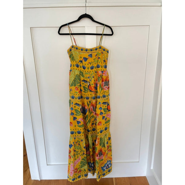 Farm Rio Summer Garden Maxi Dress Yellow Floral Smocked Strappy Size S