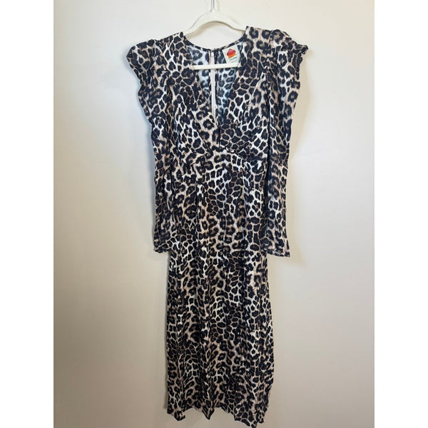Farm Rio Leopard Print Puff Shoulder V-Neck Midi Dress Long Sleeve Animal Print