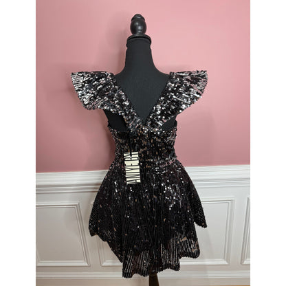 Aniye By Gemma Sequin Mini Dress in Black Medium Flutter Sleeve Ruffle Lined